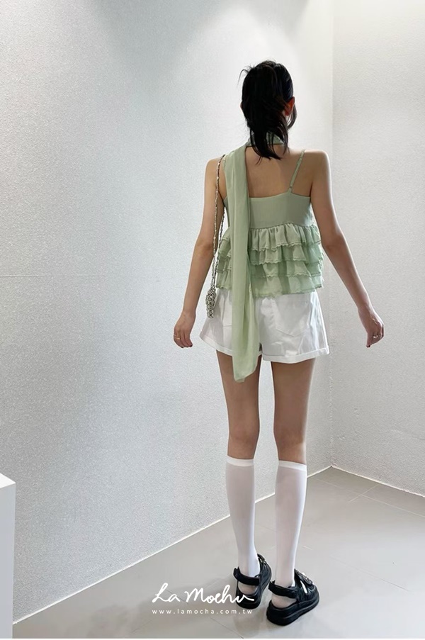 V領荷葉蕾絲細肩背心(附絲巾)